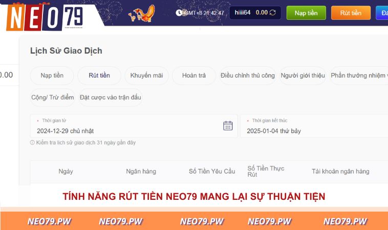 Tính năng rút tiền NEO79 mang lại sự thuận tiện